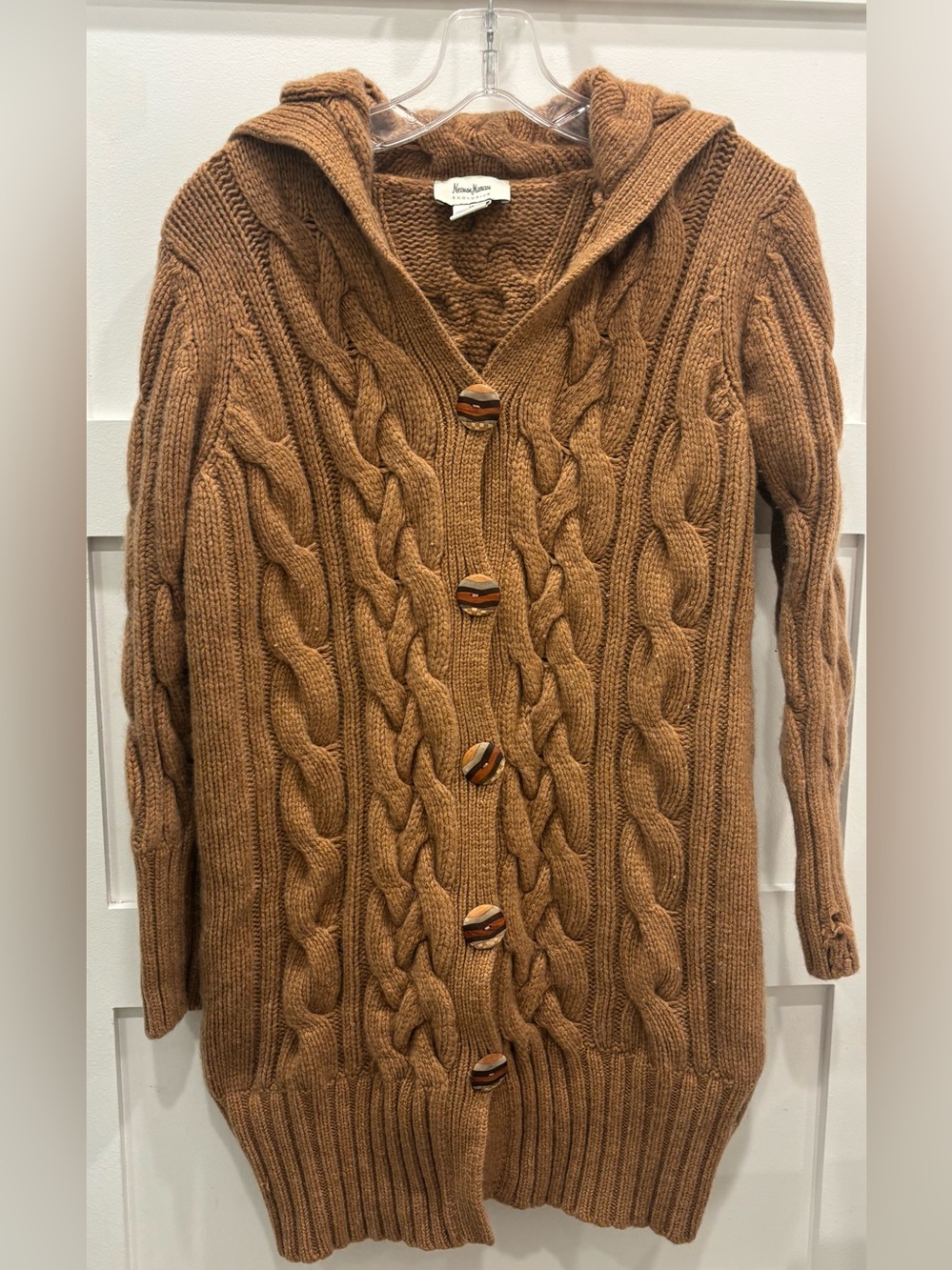 Neiman Marcus Cable-Knit Hooded Cardigan - Camel